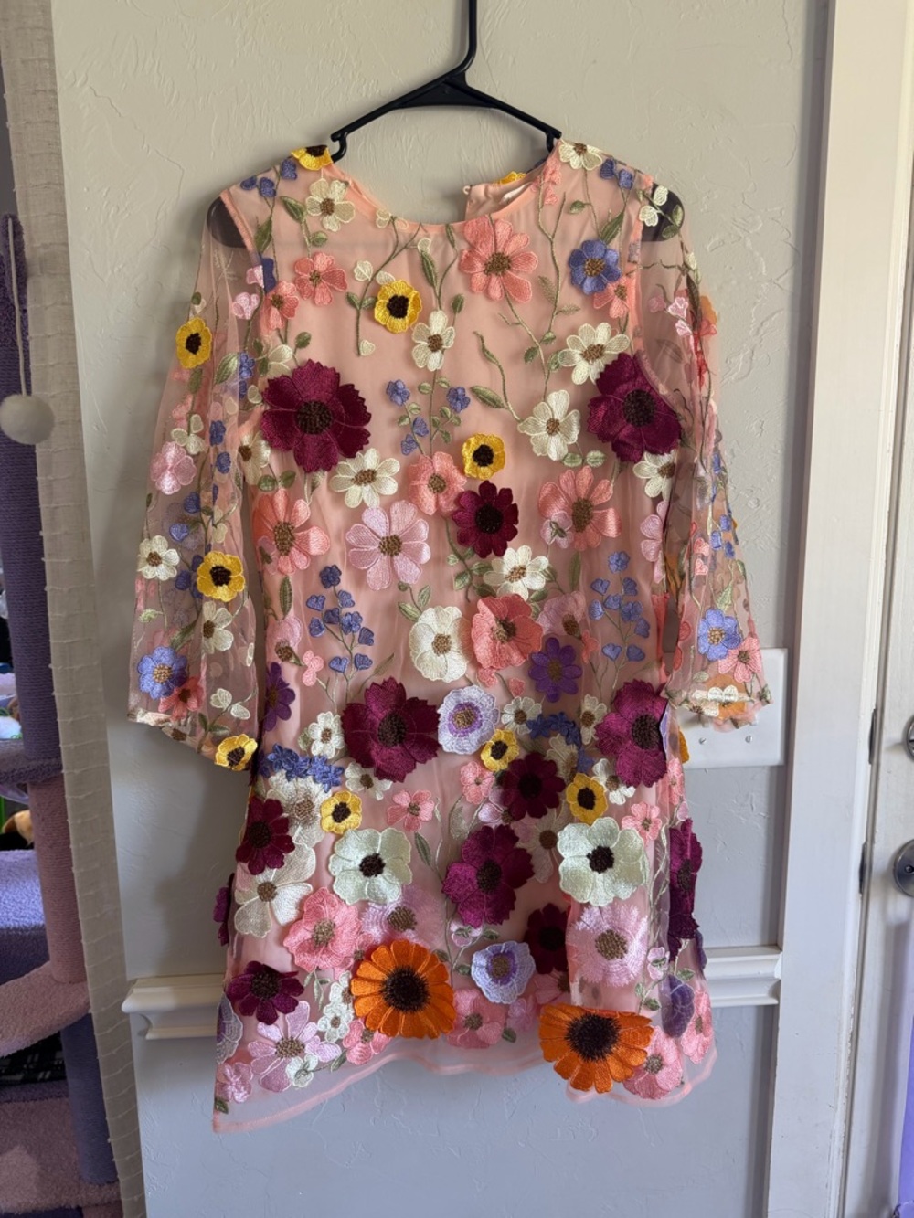 Pink Mesh Dress with Multicolor Floral Embroidery
